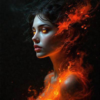 The primary subject of the image is a woman with glowing eyes, who appears to be a character from a fantasy or supernatural setting. She is surrounded by a fiery, flame-like background, which adds to the dramatic and mysterious atmosphere of the scene. The visual style of the image is a combination of digital art and illustration, creating a unique and captivating appearance. The colors and mood of the image are predominantly dark and intense, with the woman's glowing eyes serving